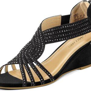 Women's Suede Low Wedge Sandals 2.25 Inches Rhinestone Open Toe Dress Shoes